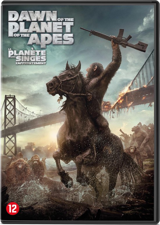DVD-hoes van 'Dawn of the Planet of the Apes', met een aap op een paard die een geweer vasthoudt, met op de achtergrond een stad en een brug in brand.