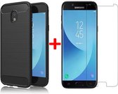 Hoesje geschikt voor Samsung Galaxy J3 2017 Geborsteld Siliconen TPU Hoesje Zwart + Screenprotector Gehard Glas 9H - 360 Graden Protectie