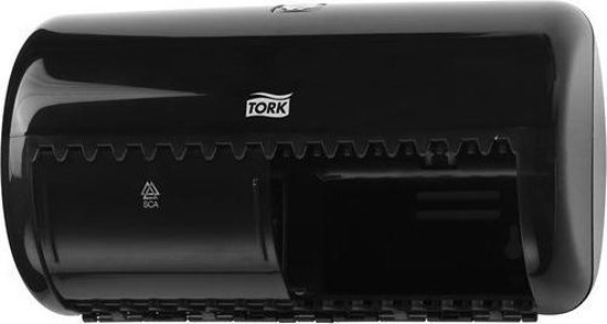 Tork Traditionele toiletpapierdispenser van zwart kunststof, model T4, gesloten.