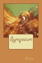Boekomslag met de tekst 'Symposium' en 'Plato'. Afbeelding van gouden, wervelende lijnen op een groene achtergrond.