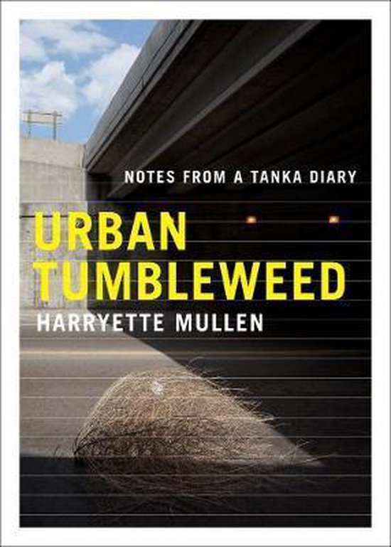 Boekomslag 'Urban Tumbleweed' met gele titel en een distel in de schaduw onder een brug.
