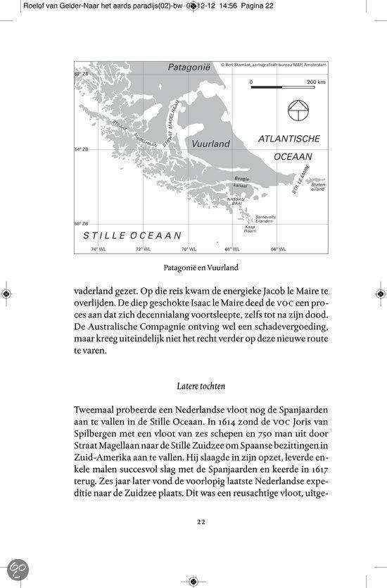 Kaart van Patagonië en Vuurland met tekst over Jacob le Maire.