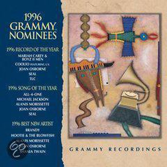 Cover van "1996 Grammy Nominees" met abstracte kunst, artiesten en winnaars.