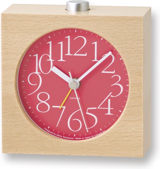 Lemnos AY design wekker | Moderne klok met minimalistisch ontwerp | Eigenschappen: Rood, 11,3cm, 2 jaar garantie, Hout, Snooze functie, LED-lampje, Stil uurwerk