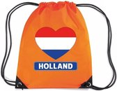 Oranje nylon rijgkoord rugzak/ sporttas Holland hart vlag