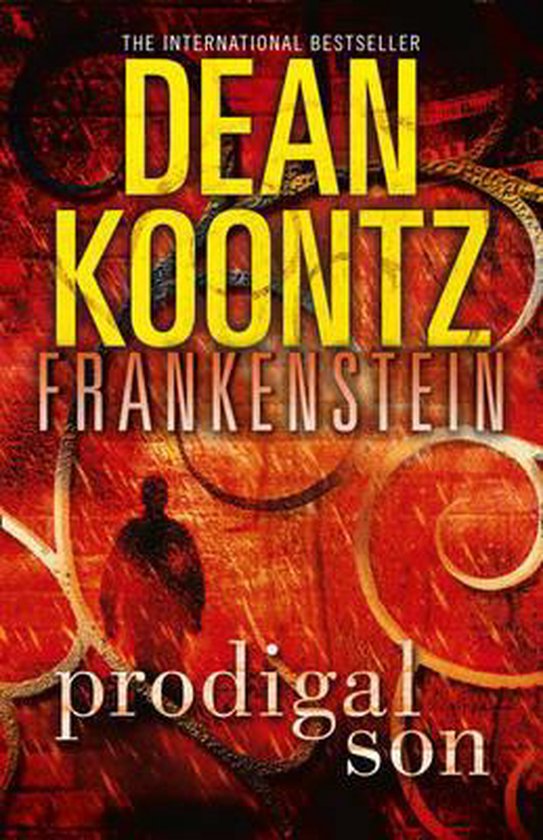Boekomslag 'Frankenstein Prodigal Son' door Dean Koontz met rode en oranje gloed, en een schaduwfiguur.