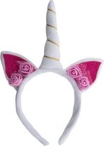 Pluche eenhoorn diadeem wit/roze met bloemetjes - Verkleed accessoires eenhoorn haarband