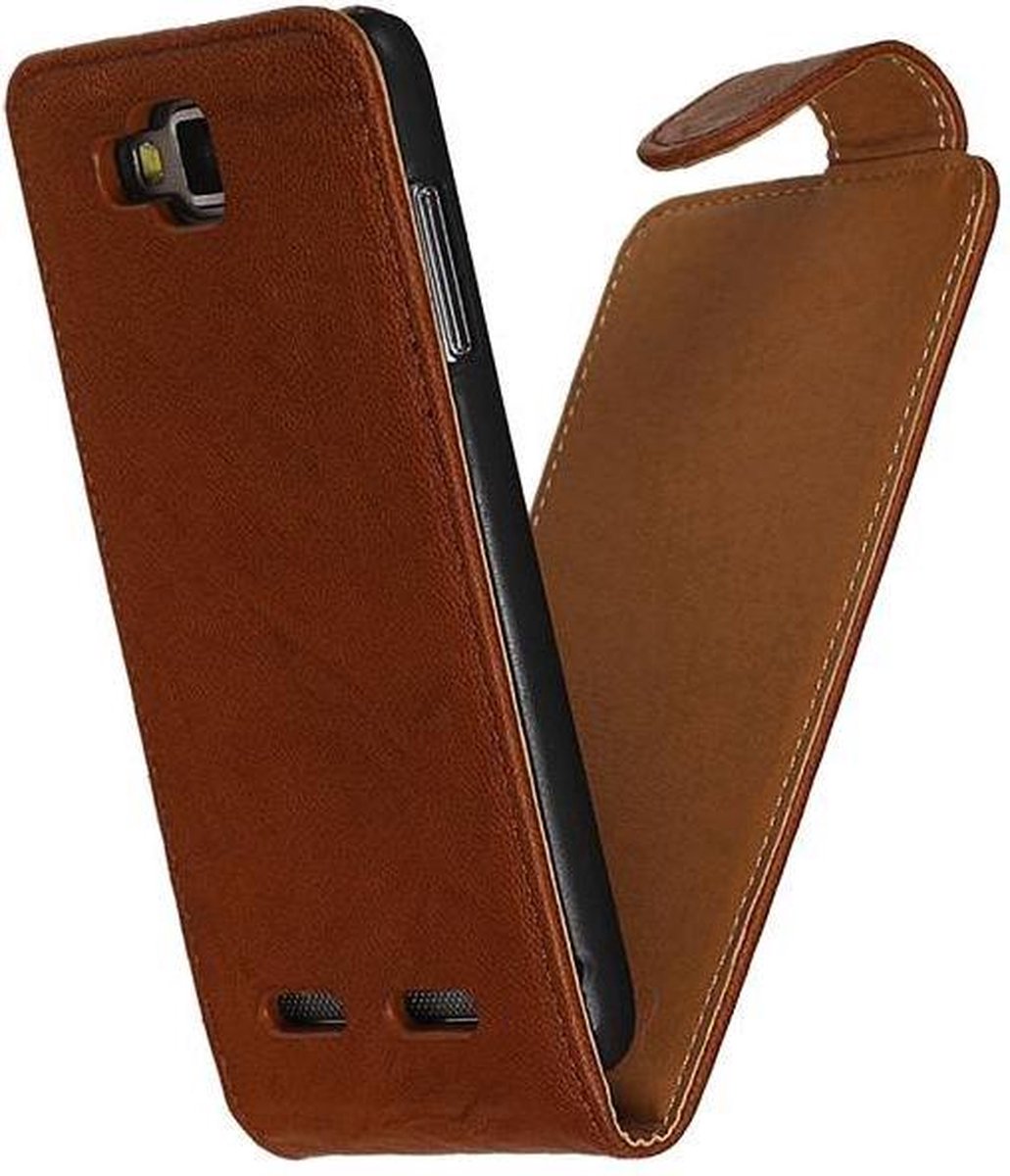 Bruin echt leer classic flipcase hoesje voor de Huawei Ascend G700