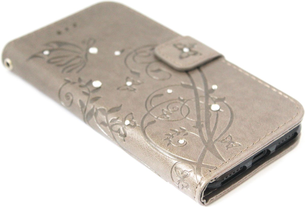 Vlinder diamanten hoesje bruin kunstleer Geschikt voor iPhone SE (2022/ 2020)/ 8/ 7