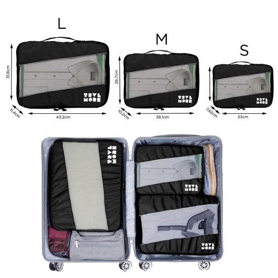 TRVLMORE Packing Cubes Set - Koffer Organizer - 3 stuks - Zwart - TravelMore