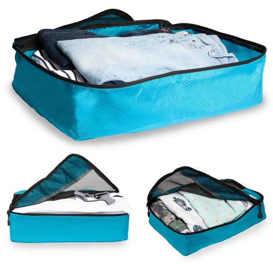 TravelMore Packing Cubes Set - Koffer Organizer - Bagage Inpak Kubussen - Pack Compression Cubes - Travel Bag Ordening - Reis Accessoires - Tas Opbergzakken - 3 Stuks - Lichtblauw - TRVLMORE