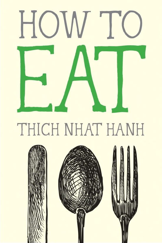 Boekomslag met de tekst "HOW TO EAT" en een illustratie van een mes, lepel en vork.