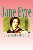 Boekomslag met een schilderij van een jonge vrouw met bruin haar, met de tekst 'Jane Eyre' en 'Charlotte Brontë'.