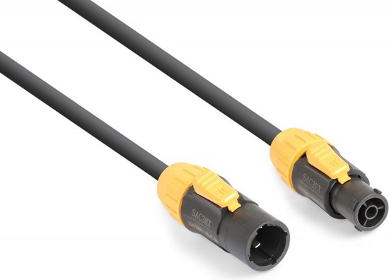 Zwarte kabel met twee gele Powercon True connectoren. De connectoren hebben een blauwe ring en een vergrendelingsmechanisme.
