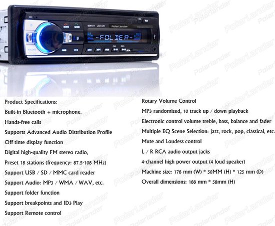 Autoradio MP3 Player 50Wx4 AUX, USB, SD, Bluethoot,Handsfree | bol.com