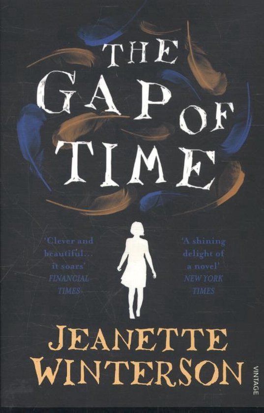 Livre 'The Gap of Time' de Jeanette Winterson avec plumes et silhouette.