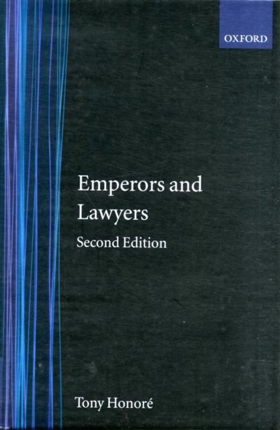 Boek 'Emperors and Lawyers' Second Edition van Tony Honoré, met blauwe en witte lijnen op de donkere kaft.