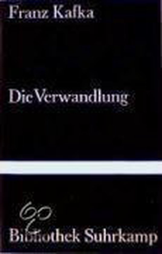 Boek Die Verwandlung van Franz Kafka, zwart met witte tekst, Bibliotheek Suhrkamp logo.