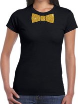 Zwart fun t-shirt met vlinderdas in glitter goud dames L