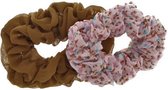 Scrunchie haarelastiek retro bruin en roze met bloemetjes