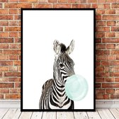 Postercity - Design Canvas Poster Zebra met Groene Kauwgom / Kinderkamer / Babykamer - Kinderposter / Babyshower Cadeau / Muurdecoratie / 50 x 40 cm