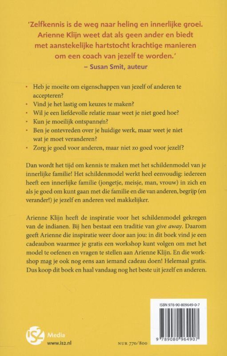 Boekrug met gele achtergrond. Titel: 'Zelfkennis is de weg naar heling en innerlijke groei.' en quotes van Susan Smit, auteur. Achterkant toont de inhoud van het boek en een ISBN-nummer.