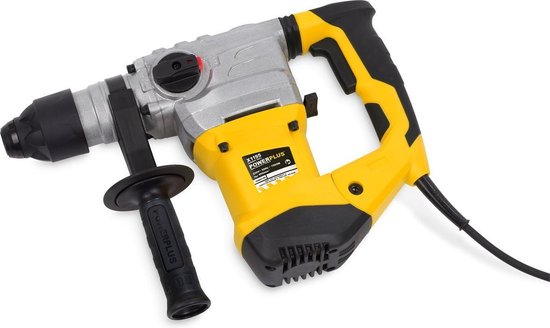 Grijze en gele Powerplus klopboormachine met extra handvat.