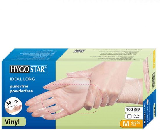 Hygostar handschoenen vinyl lange manchet 30 cm poedervrij maat M 100 stuks