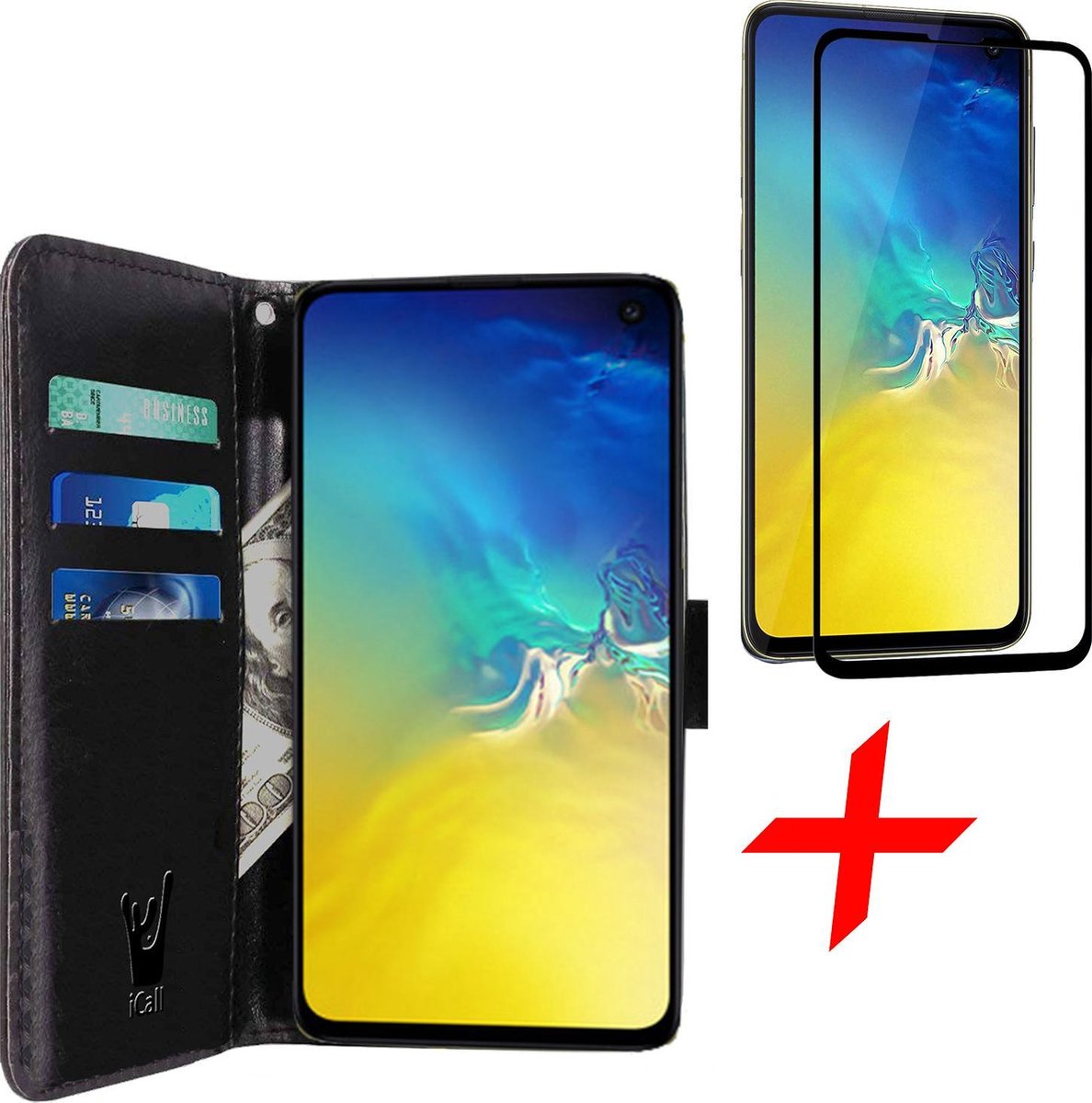 Hoesje geschikt voor Samsung Galaxy S10e - Screen Protector FullGuard - Book Case Kunstleer Pasjeshouder Zwart & Screenprotector