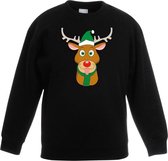 Zwarte kersttrui rendier Rudolf met groene kerstmuts voor jongens en meisjes - Kerstruien kind 9-11 jaar (134/146)