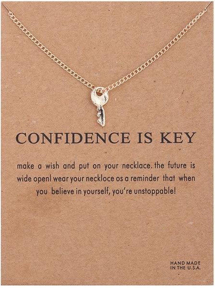 Wenskaart Confidence is Key - met vergulde ketting sleutel - wenskaart positiviteit