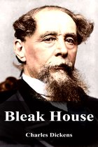 Portret van Charles Dickens met baard, boekcover getiteld Bleak House.