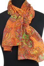 Katoenen dames sjaal - paisley motieven - oranje tinten - groen - geel - 50 x 180 cm