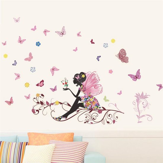 Decoratie stickers Muur & Wand voor slaapkamer, kinderkamer en babykamer, Muursticker meisje vlinder