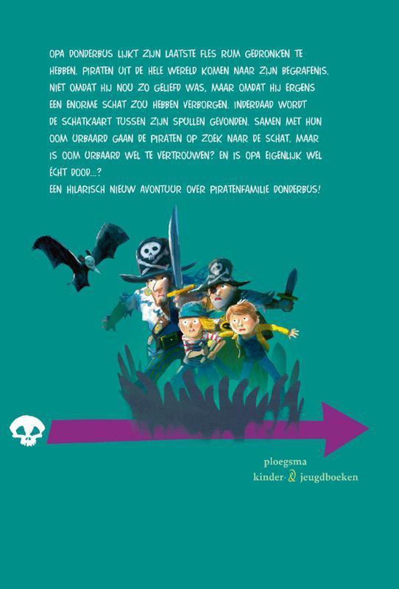 Boekomslag met een piratenfamilie, vleermuizen en een schatkaart, met tekst over de familie Donderbus.