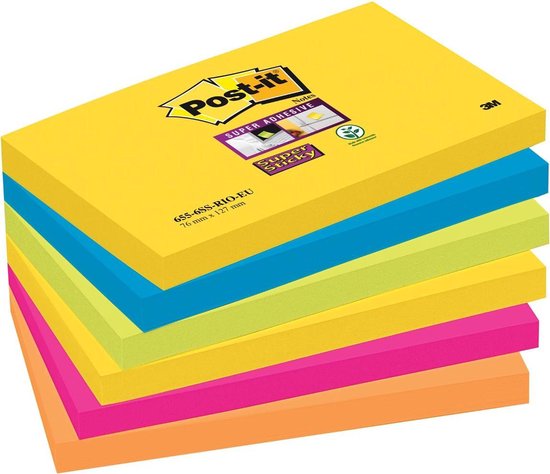 Post-it® Super Sticky Notes - Kleurenset Rio, Neon geel, Mediterraan blauw, Neon Groen, Fuchsia, Neon oranje - 6 blokken - Post-it