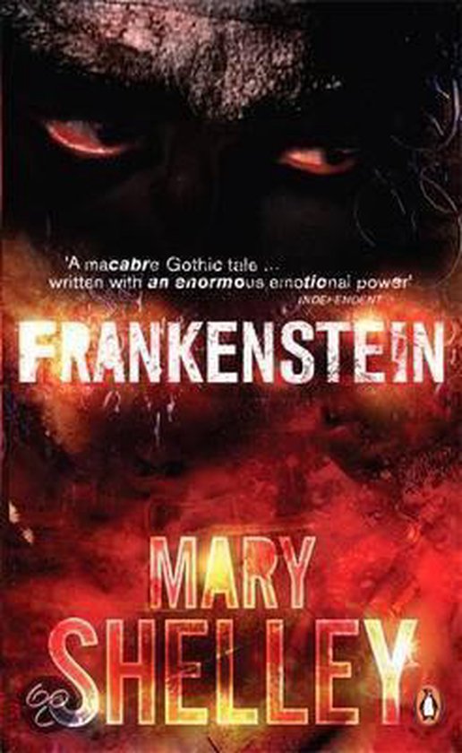 Boekomslag van Frankenstein van Mary Shelley. Een duistere, vurige achtergrond met de titel 'FRANKENSTEIN' en 'MARY SHELLEY'.