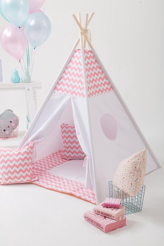 Tipi Tent - Speeltent - Tent -Wigwam - Roze / Wit Zigzag patroon - Inclusief Speelmat & Kussensloop