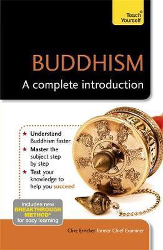 Boek 'BUDDHISM A complete introduction' met een Tibetaanse gebedsmolen.