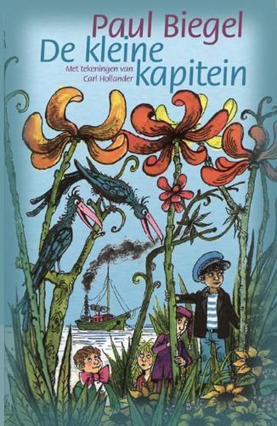 Een jongen met een blauwe pet en gestreepte trui, omringd door grote bloemen en vogels. Een schip op de achtergrond.