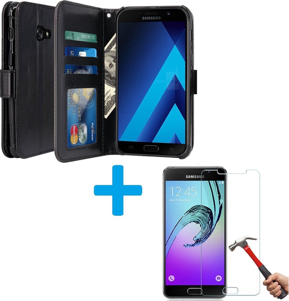 Cyclone Pack Box Samsung Galaxy A3 2017 Book PU lederen Portemonnee hoesje Book case zwart met Glazen screenprotector