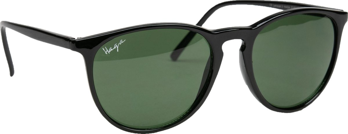 Haga Eyewear Zonnebril Alcudia - Zwart Glanzend - Donkergroene Glazen - 100% UV-A en UV-B Bescherming - Inclusief Microvezel Pouch
