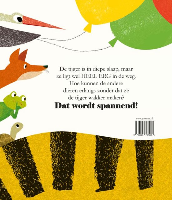 Een vos, kikker en schildpad kijken naar een slapende tijger bij een boek met ballonnen. Tekst: 'Dat wordt spannend!'