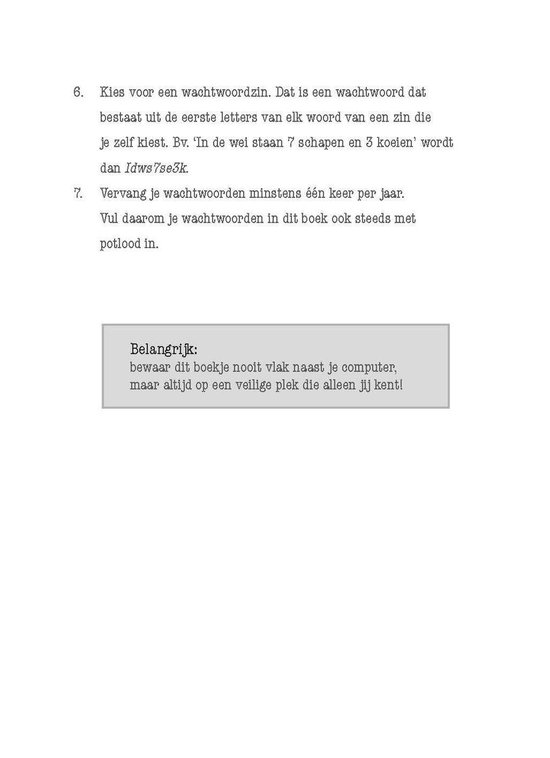 Instructiepagina voor het kiezen van wachtzinnen en het veilig bewaren van het notitieboek.