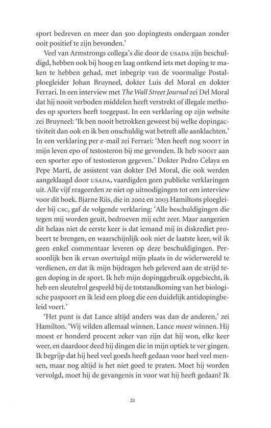Boekpagina met tekst over wieler dopingzaken, waaronder Lance Armstrong en Johan Bruyneel.