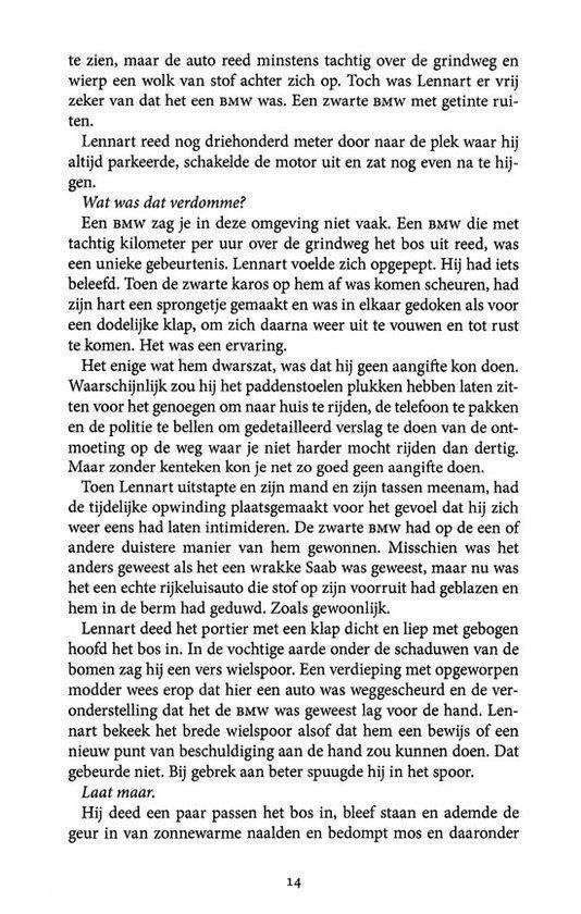 Boekpagina 14. Tekst over een BMW, paddenstoelen plukken en een ontmoeting.