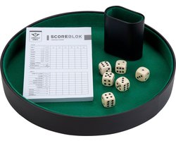 Dobbelset Compleet – Pokerpiste 26 cm met Groen Vilt – Pokerbeker, Scoreblok & 6 Dobbelstenen (16 mm