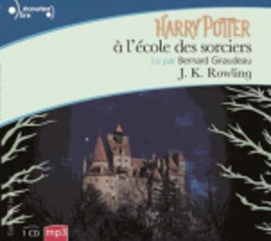 Harry Potter en de Steen der Wijzen audiobook hoes met kasteel en tekst.