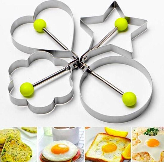 Ei vormpje - Omelette mal - Maakt het ontbijt vrolijk! - Kookgereedschap - RVS - eitje bakken - Pannenkoek vorm - Decoratie vorm - Hart - ster - bloem - rond - keukenapparaat- Ei en pannenkoek ring