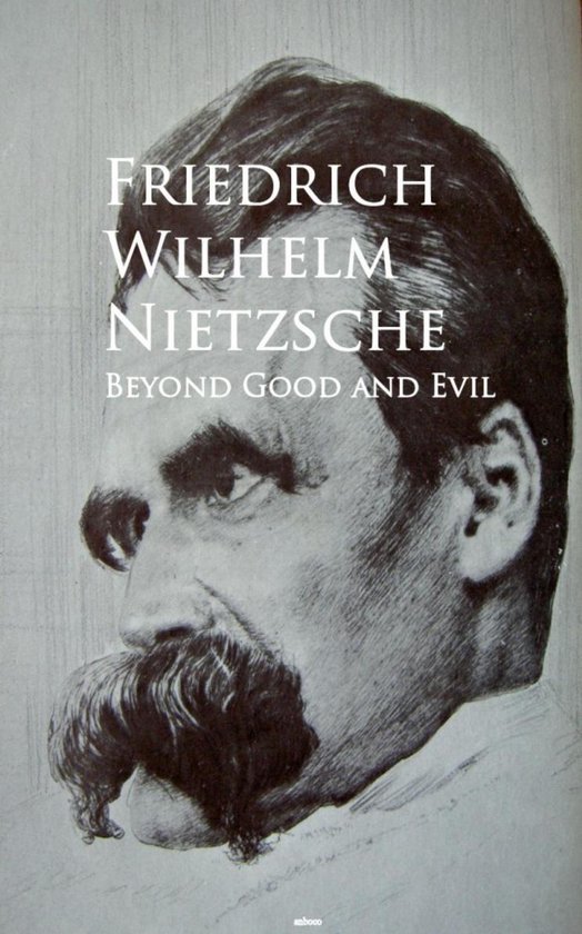 Zwart-wit schets van Friedrich Wilhelm Nietzsche met zijn kenmerkende snor, titel 'Beyond Good and Evil'.
